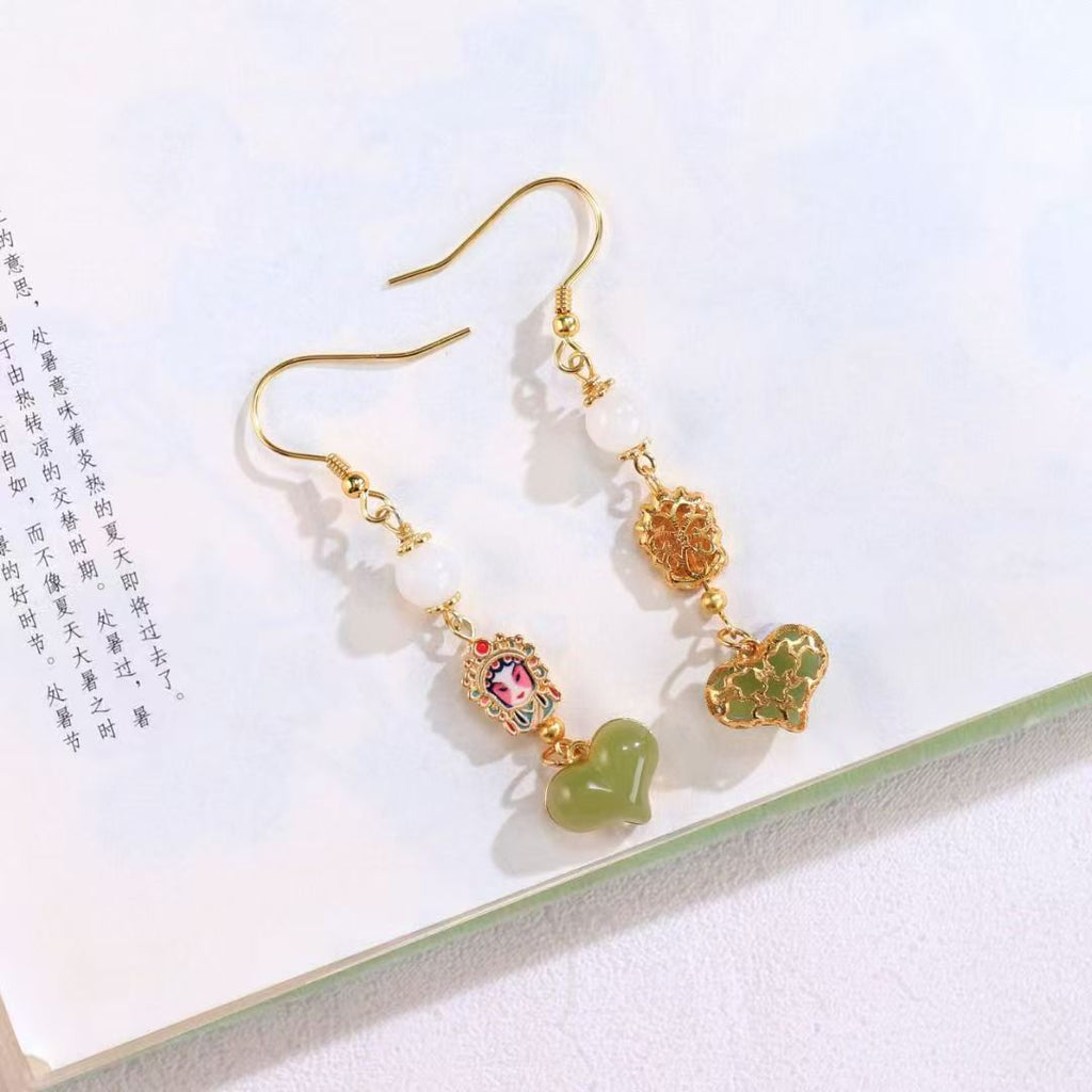 Chinese Opera Huadan Opera White Jade Enamel Earrings BodhiBloom
