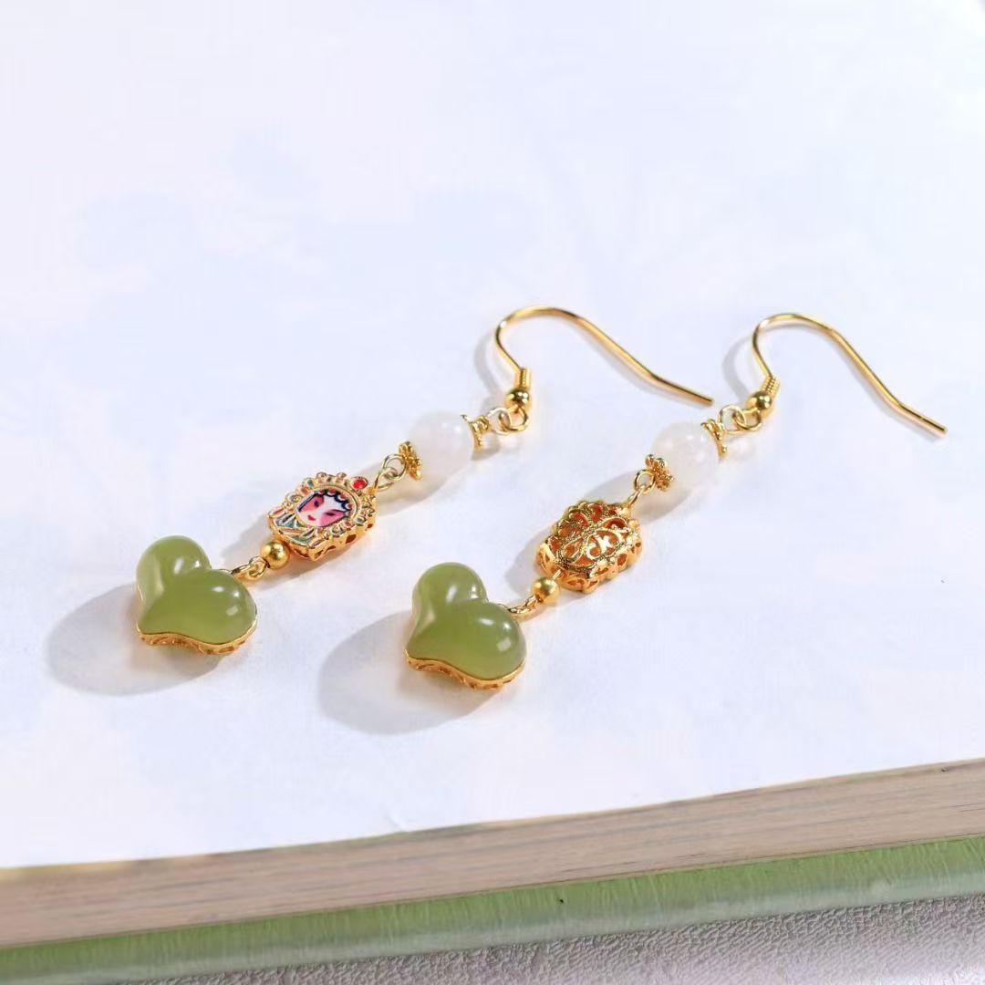 Chinese Opera Huadan Opera White Jade Enamel Earrings BodhiBloom