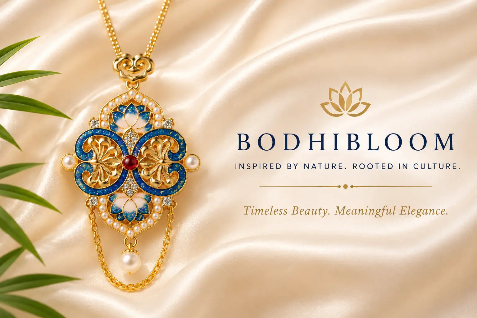 Decorative necklace with blue and gold elements on a satin background, featuring the Bodhibloom brand.