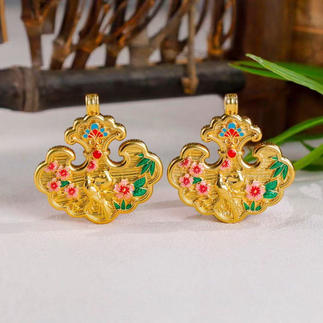 Joyful Magpie & Plum Blossom Enamel Luck Lock Pendant