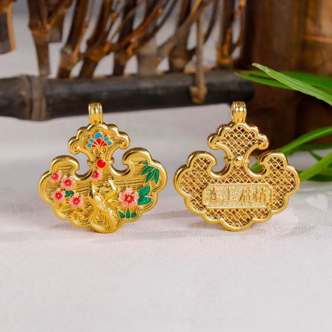 Joyful Magpie & Plum Blossom Enamel Luck Lock Pendant