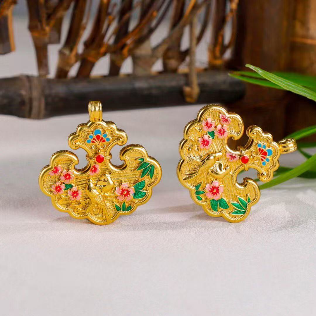 Joyful Magpie & Plum Blossom Enamel Luck Lock Pendant