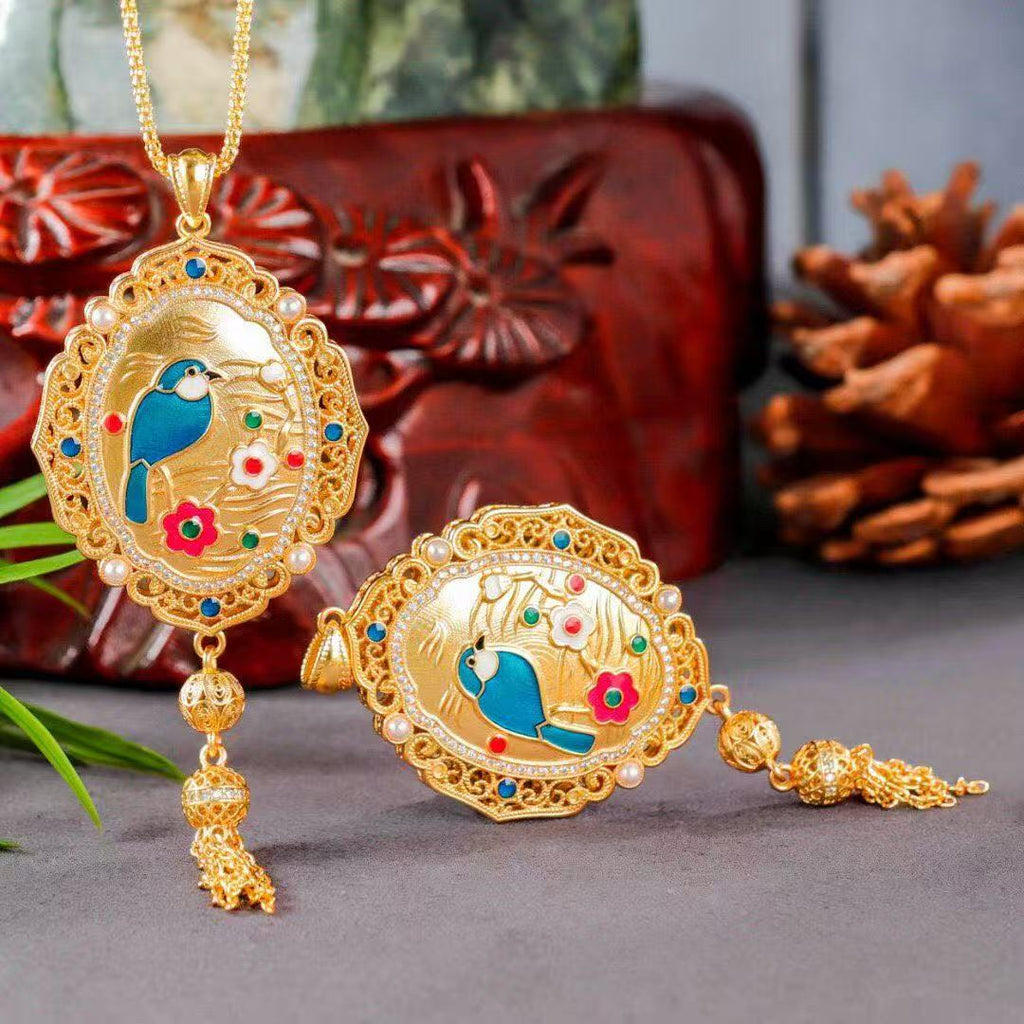 Magpie on Plum Blossom Fan Pendant