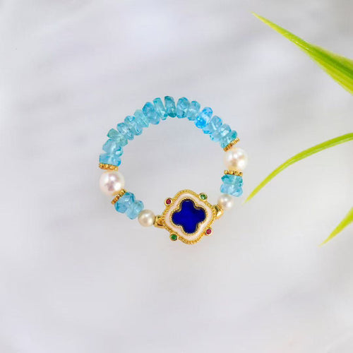 Azure Clover Enamel Ring – Pearl & Apatite Edition