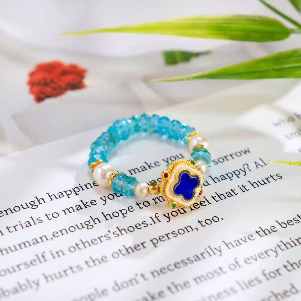 Azure Clover Enamel Ring – Pearl & Apatite Edition