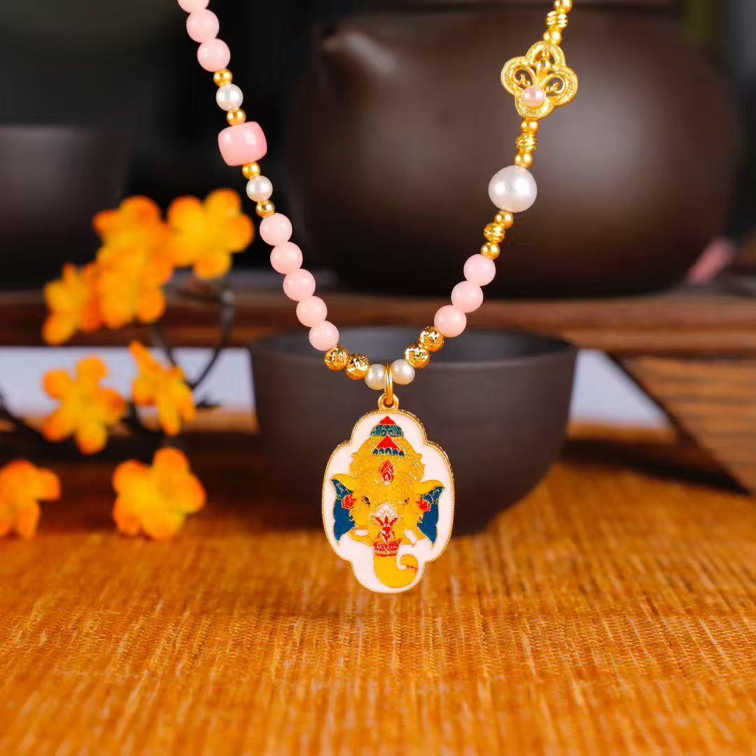 Ganesha's Blessing Necklace – Pink Opal, Pearl & Cloisonné Enamel Edition