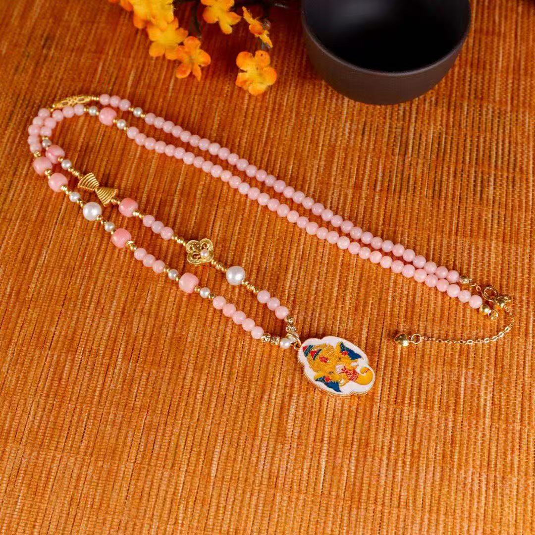 Ganesha's Blessing Necklace – Pink Opal, Pearl & Cloisonné Enamel Edition