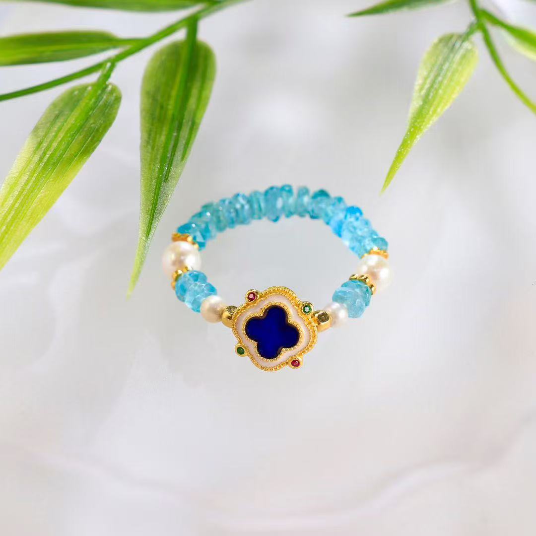 Azure Clover Enamel Ring – Pearl & Apatite Edition - BodhiBloom