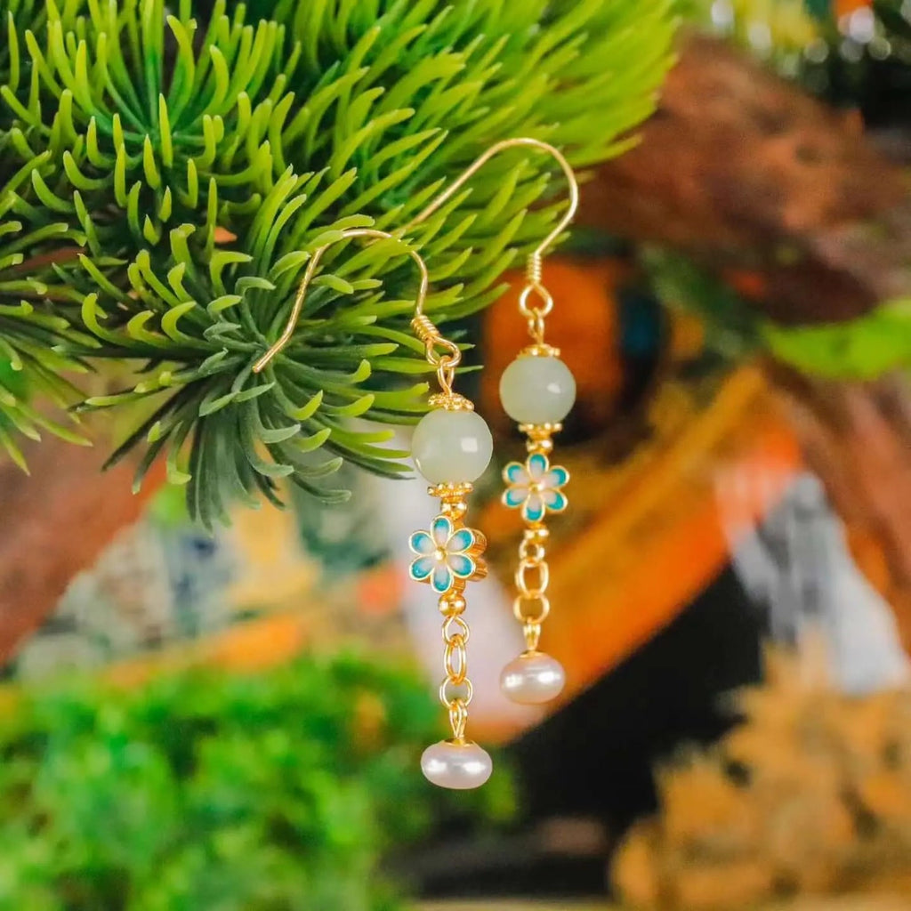 Cloisonné jade earrings with Hetian jade and blue enamel flowers