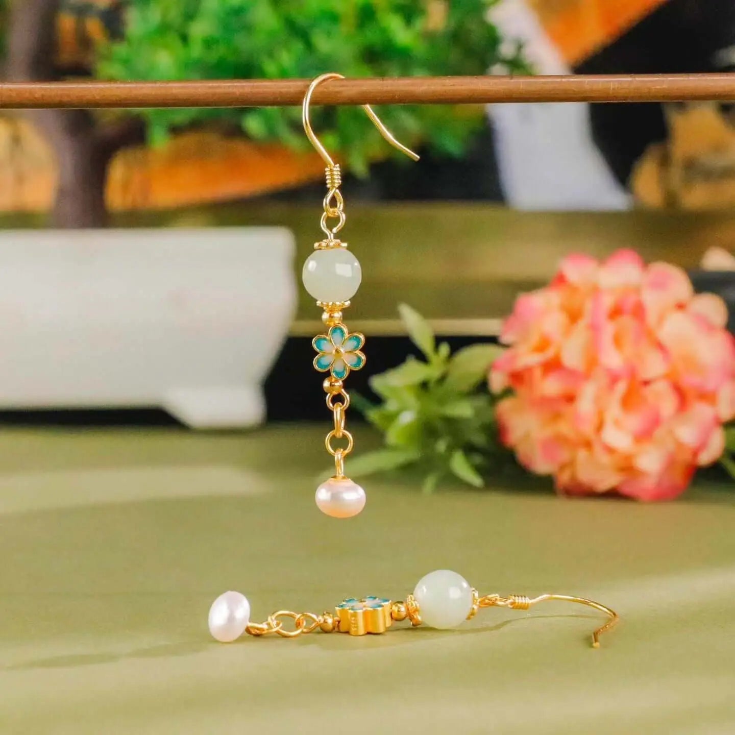 Cloisonné jade earrings with Hetian jade and blue enamel flowers 