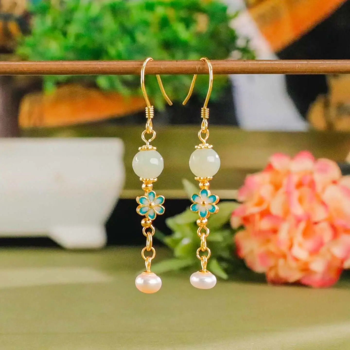 Handcrafted cloisonné jade earrings by BodhiBloom