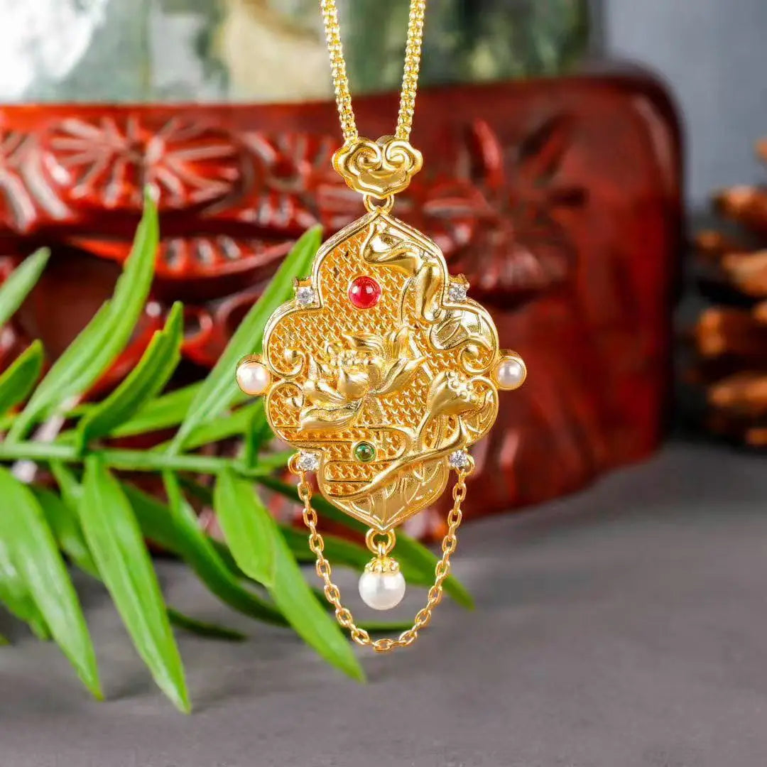  BodhiBloom Lotus Bloom Enamel Pendant – Red Gemstone Center Detail