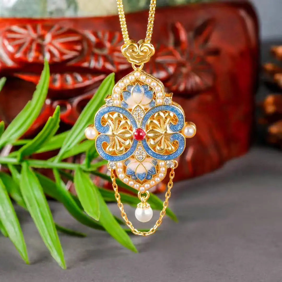 BodhiBloom Lotus Bloom Enamel Pendant – Gold Lotus Cloisonné Art