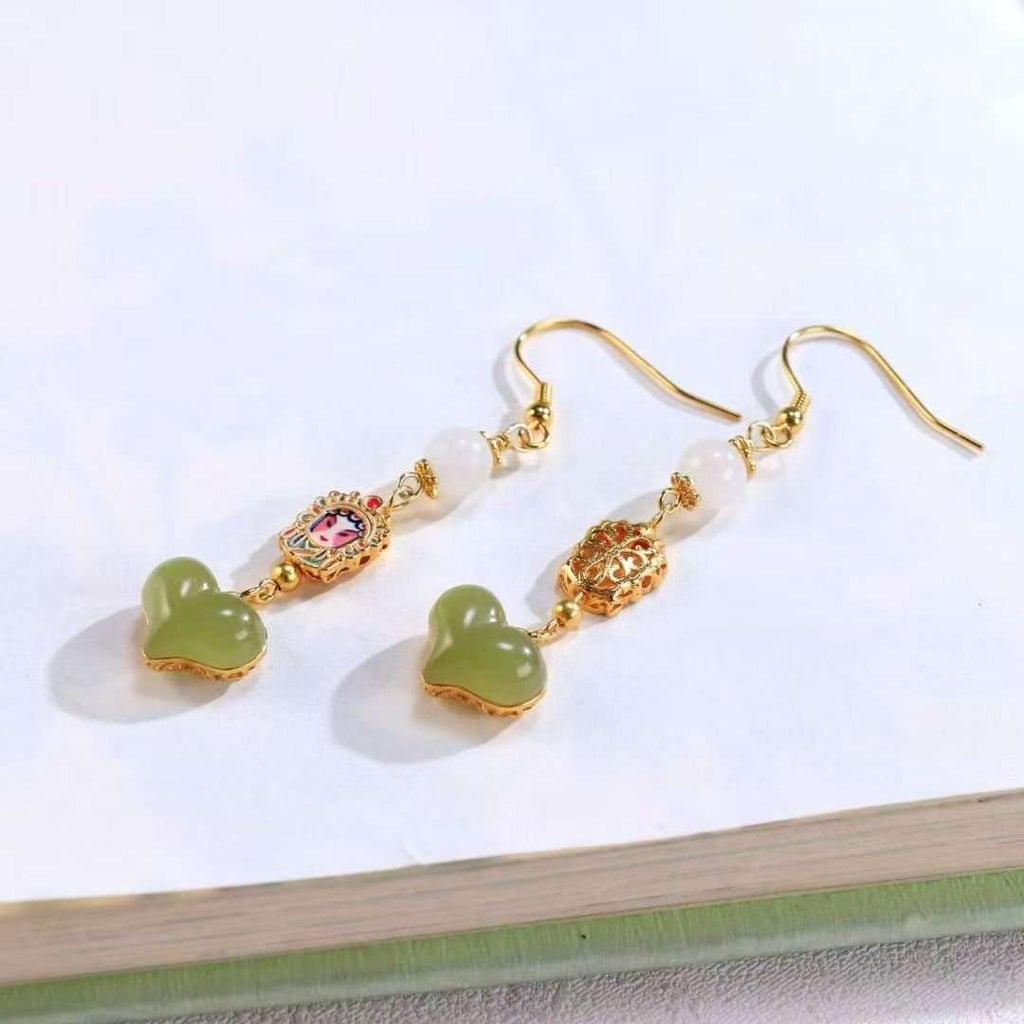 Chinese Opera Huadan Opera White Jade Enamel Earrings - BodhiBloom