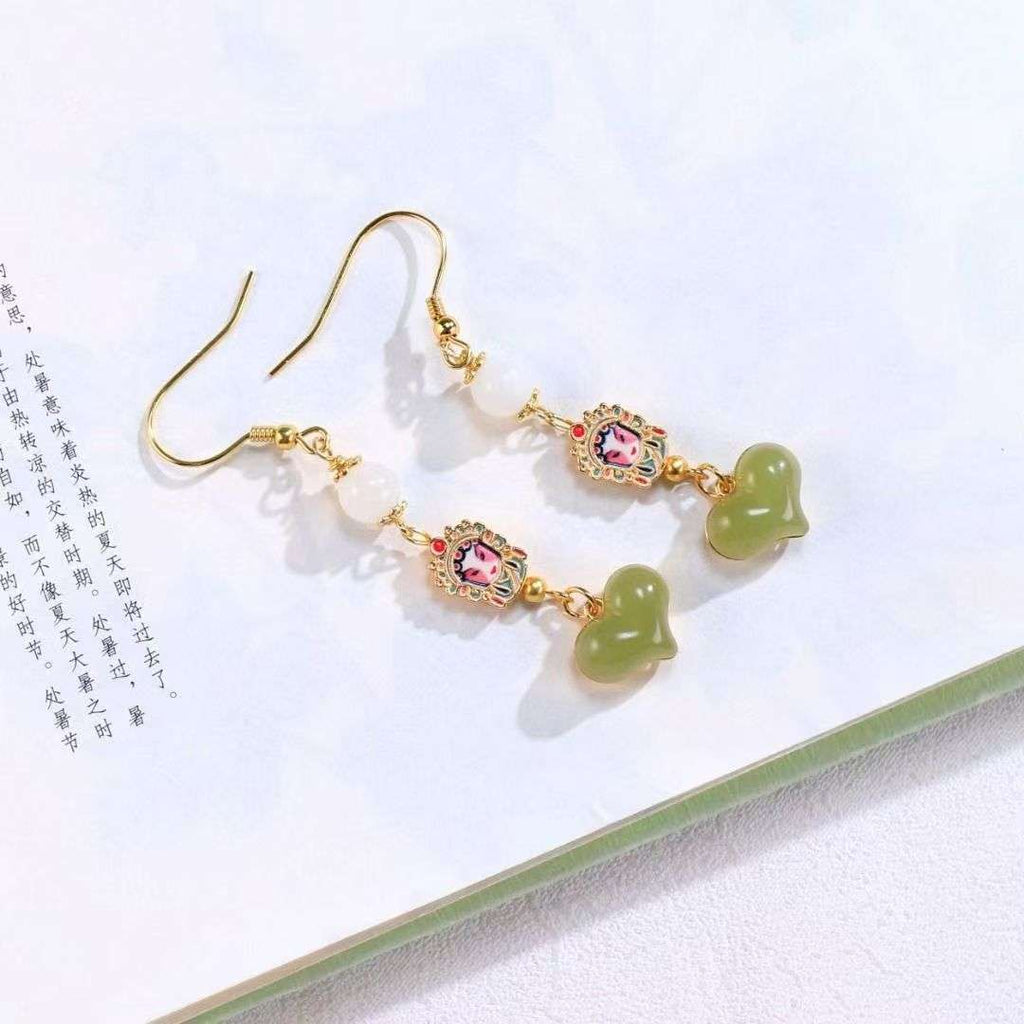 Chinese Opera Huadan Opera White Jade Enamel Earrings - BodhiBloom
