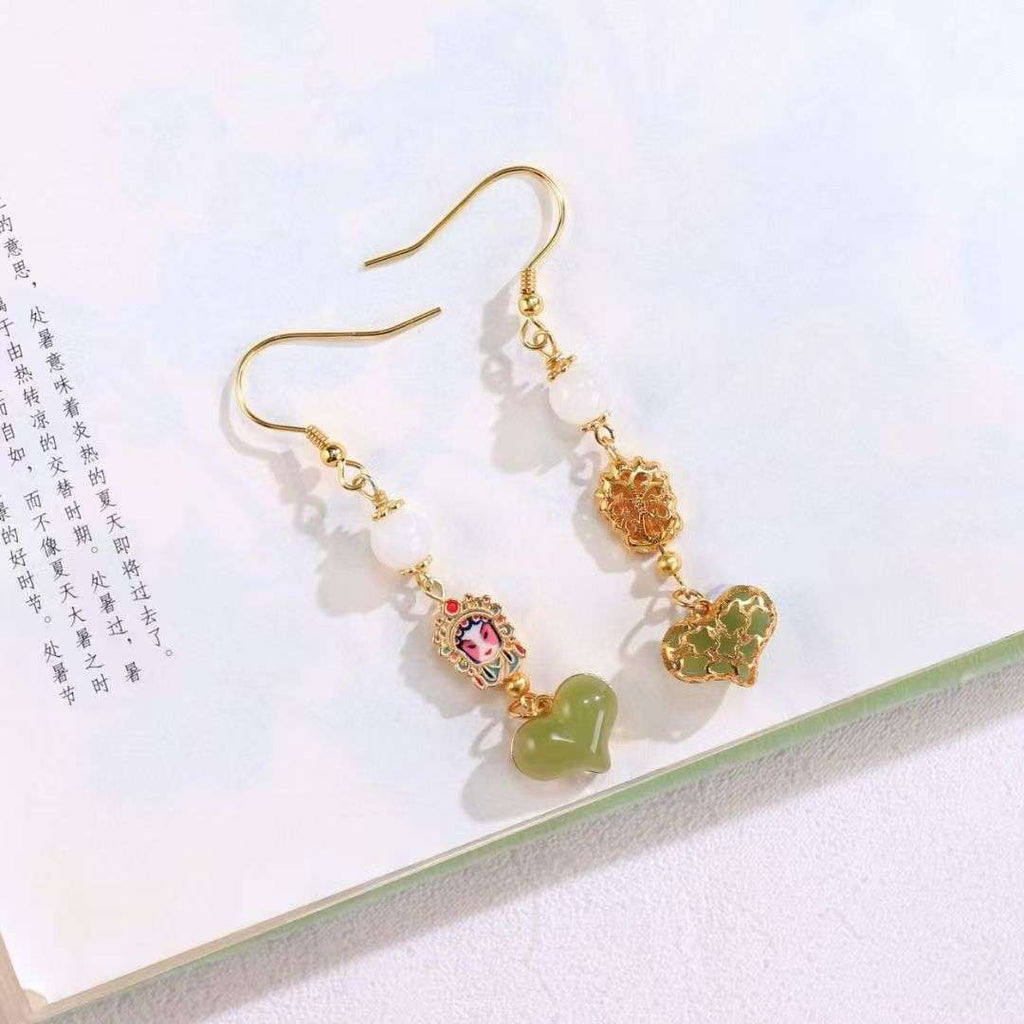 Chinese Opera Huadan Opera White Jade Enamel Earrings - BodhiBloom