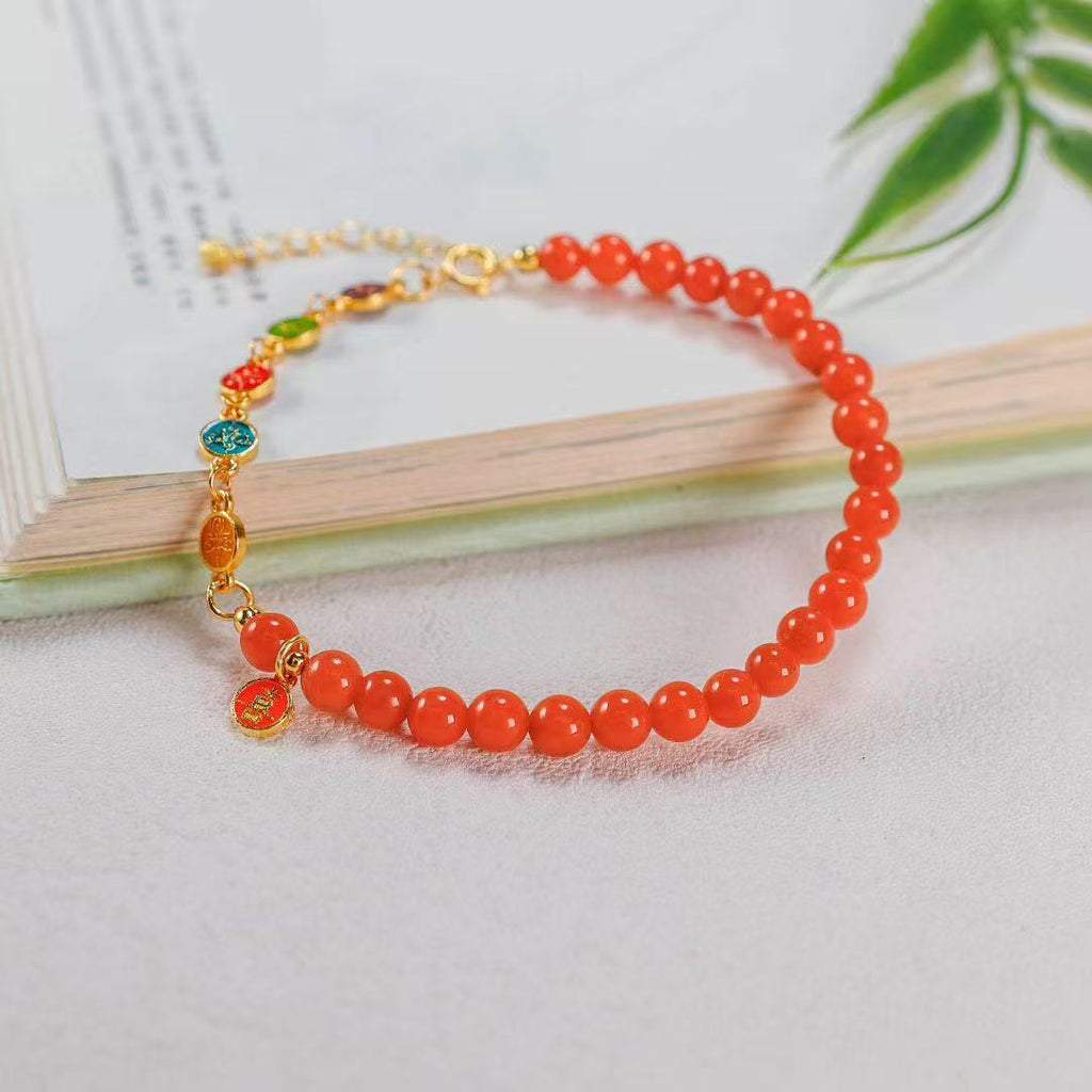 Five Wealth Gods Bracelet – Southern Red Agate & Cloisonné Enamel Edition - BodhiBloom