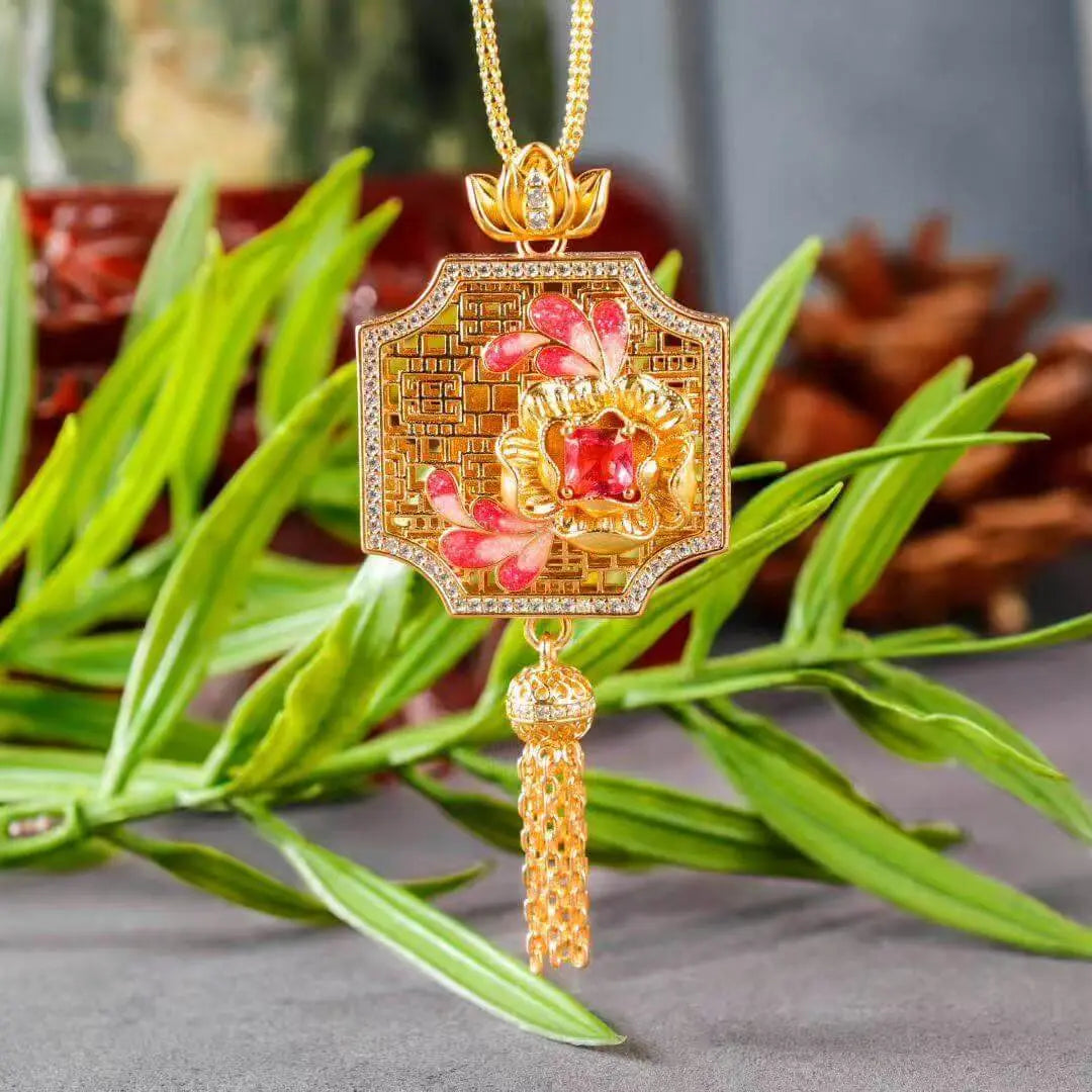  Fortunes Blush Enamel Pendant – Red Gemstone Detail