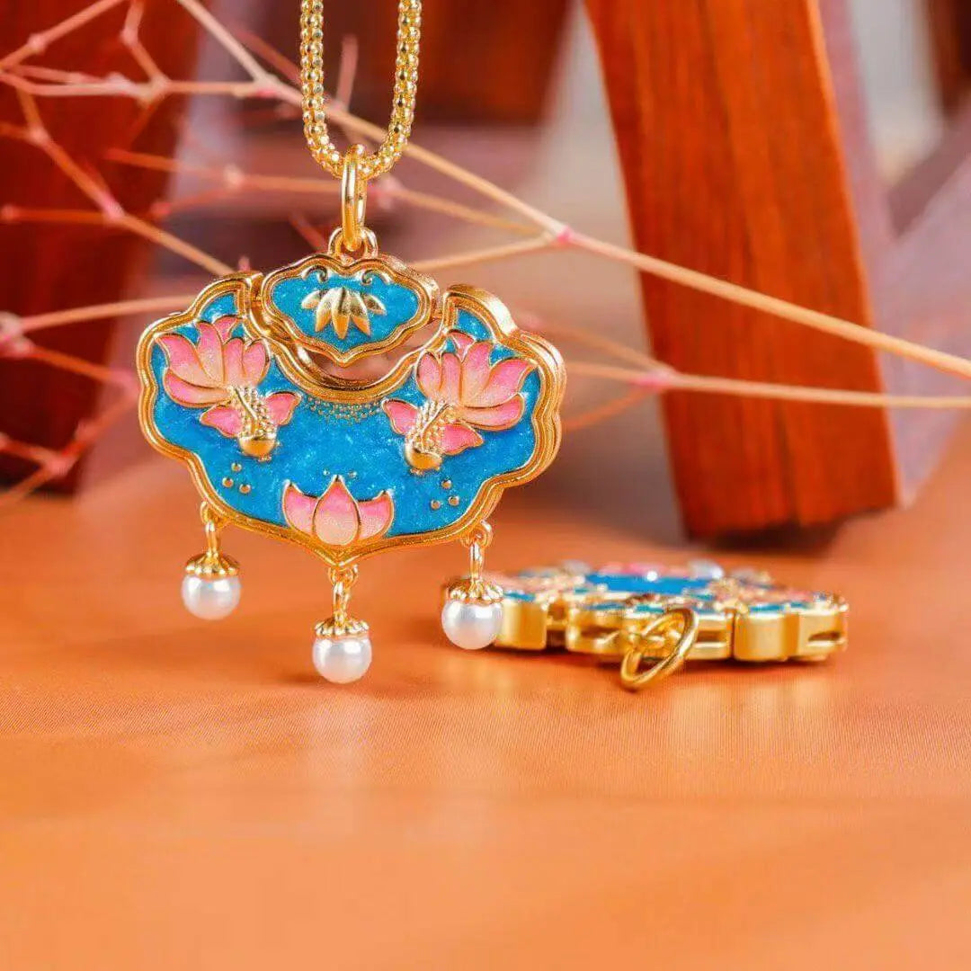  Lotus Goldfish Luck Lock Pendant – Cloisonné Enamel Art