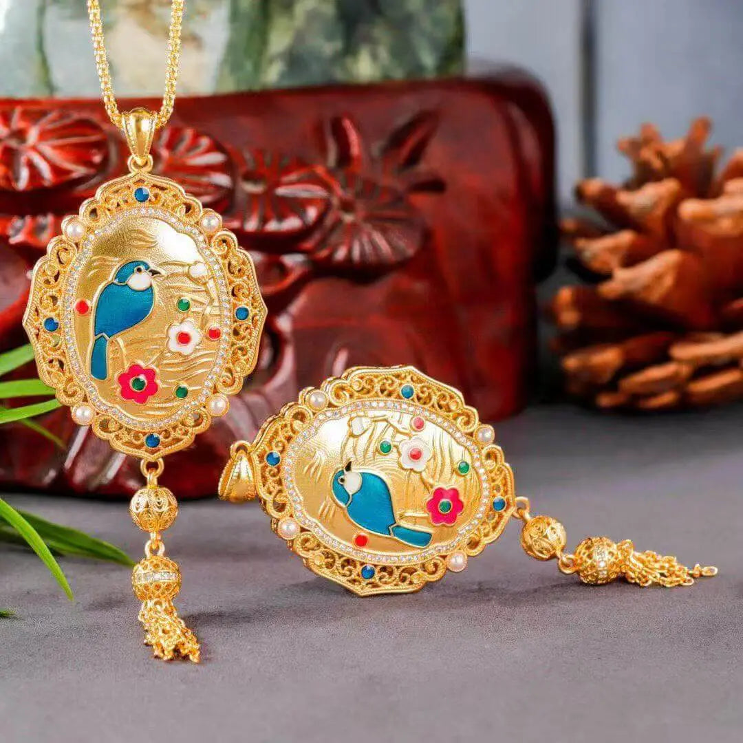  Magpie Plum Blossom Fan Pendant – Pearl and Tassel Detail