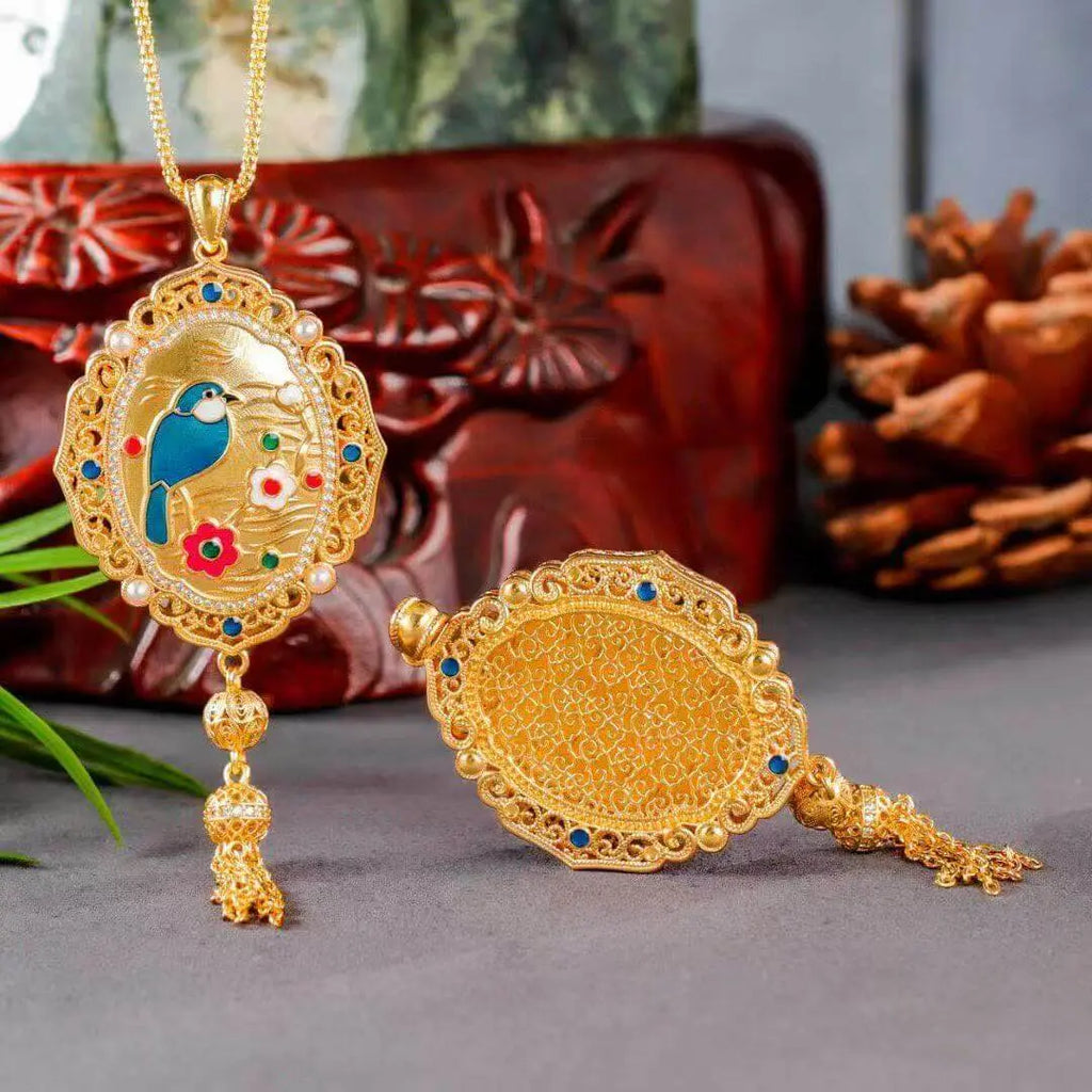 Magpie Plum Blossom Fan Pendant – Cloisonné Enamel Art