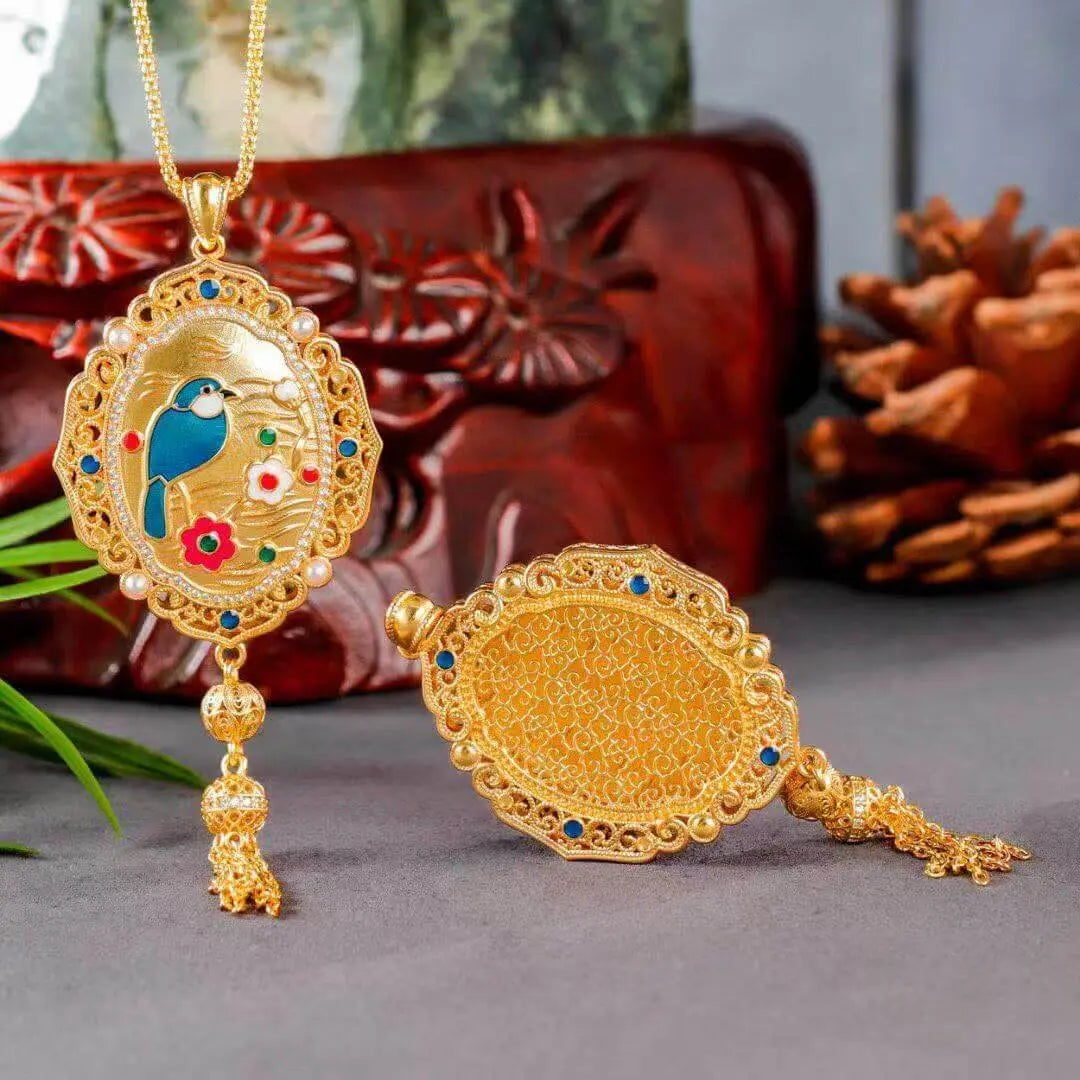 Magpie Plum Blossom Fan Pendant – Cloisonné Enamel Art