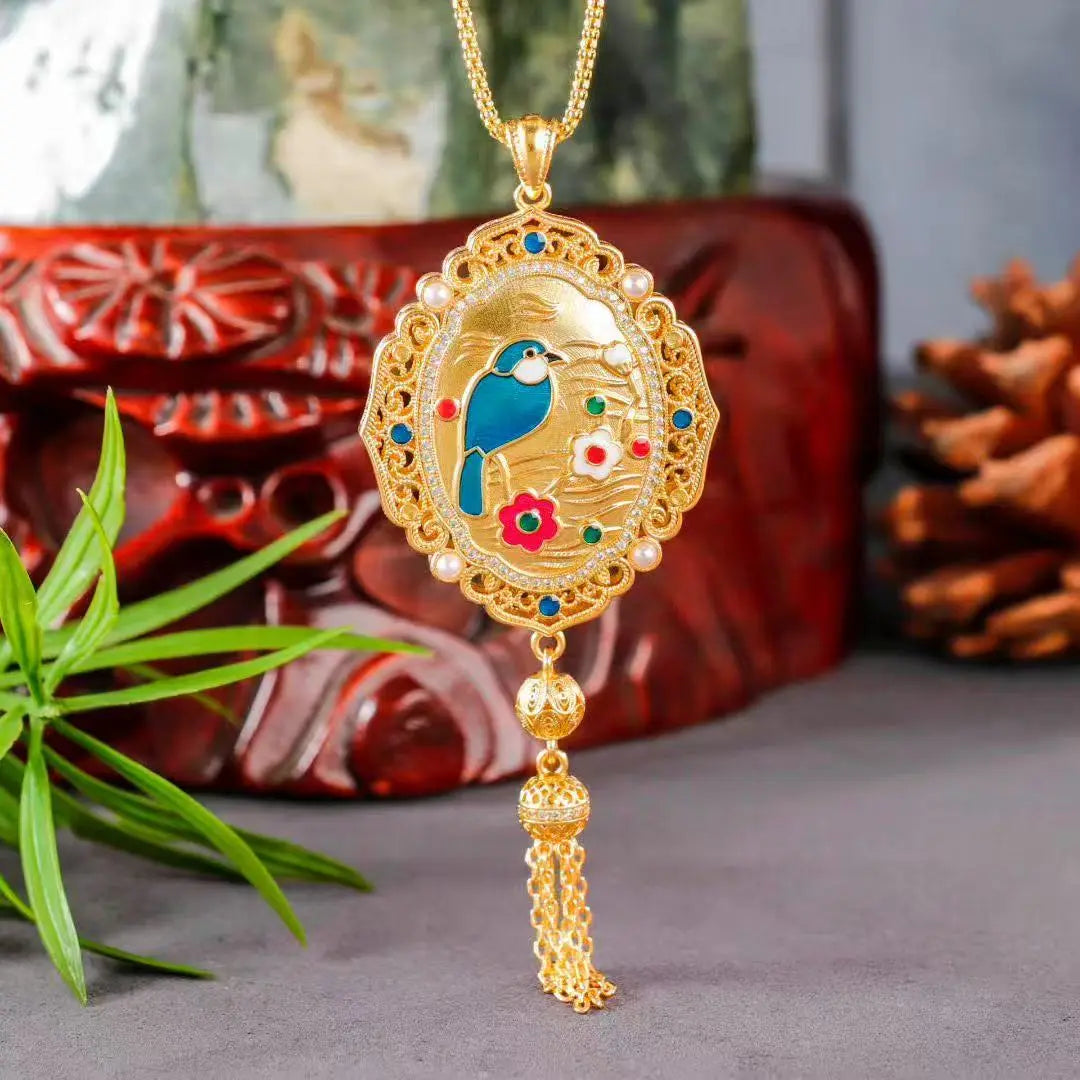 Magpie Plum Blossom Fan Pendant – Full Pendant View