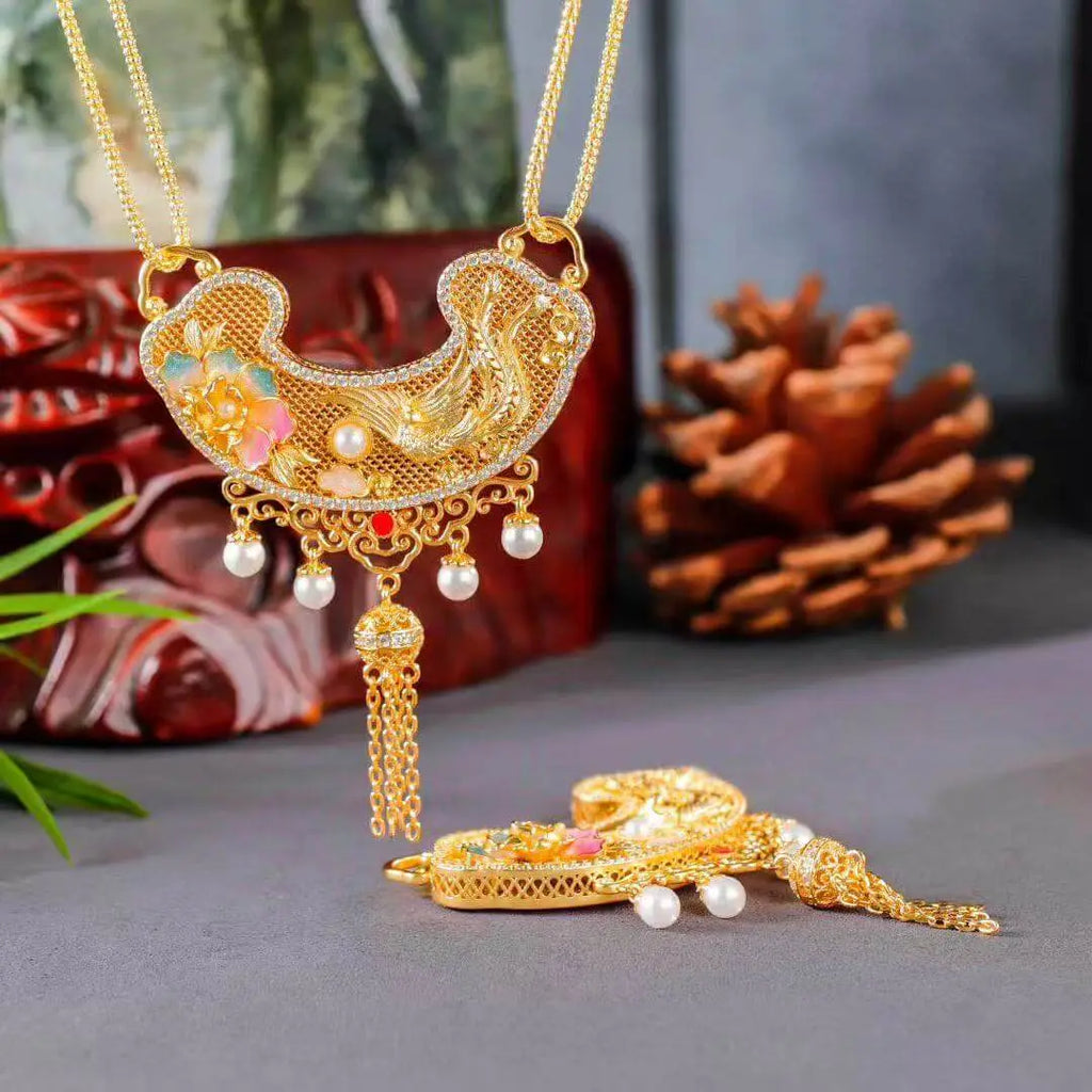  Phoenix Peony Ruyi Lock Pendant – Cloisonné Enamel Art
